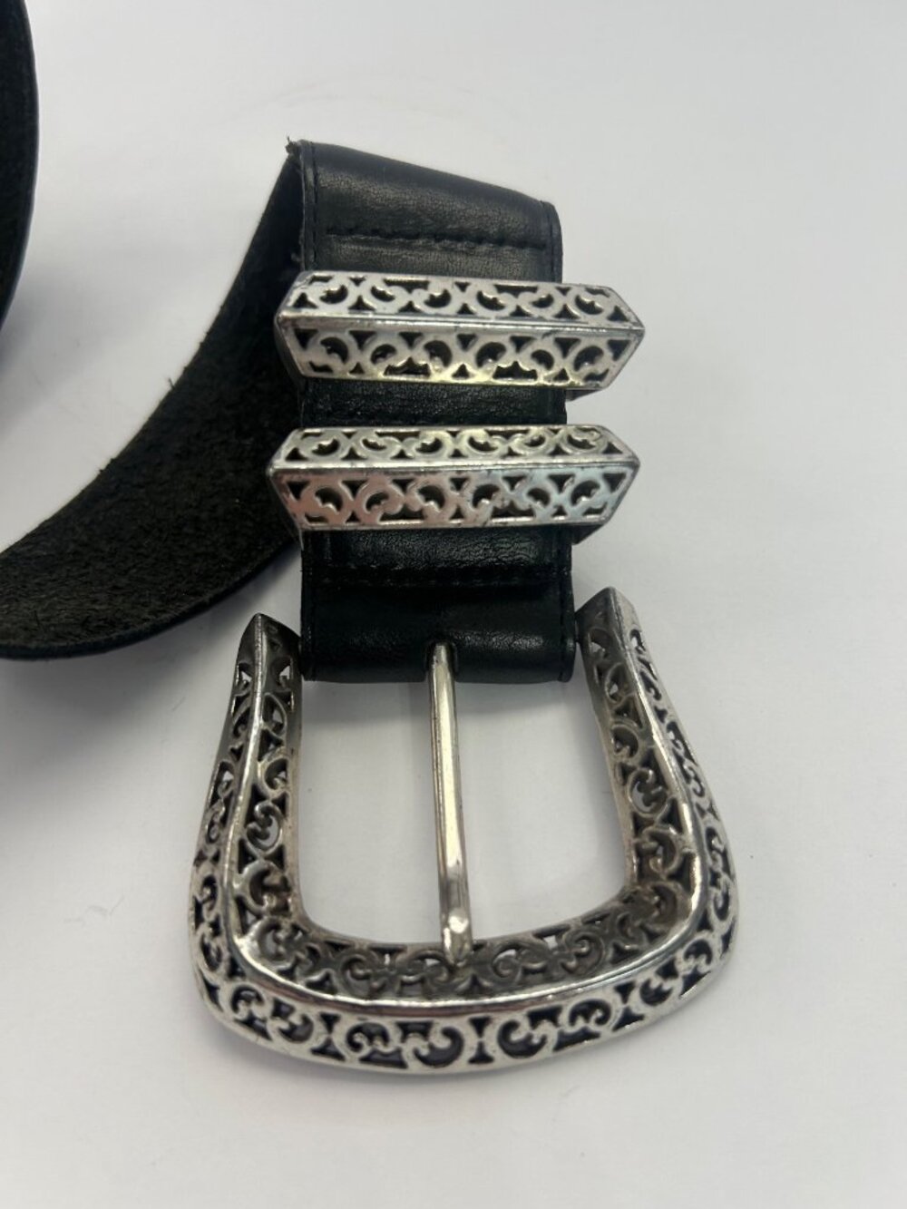 VTG 90s Brighton Black Leather Belt Silver-Tone Filigree Buckle Boho Cowgirl S - Picture 2 of 7